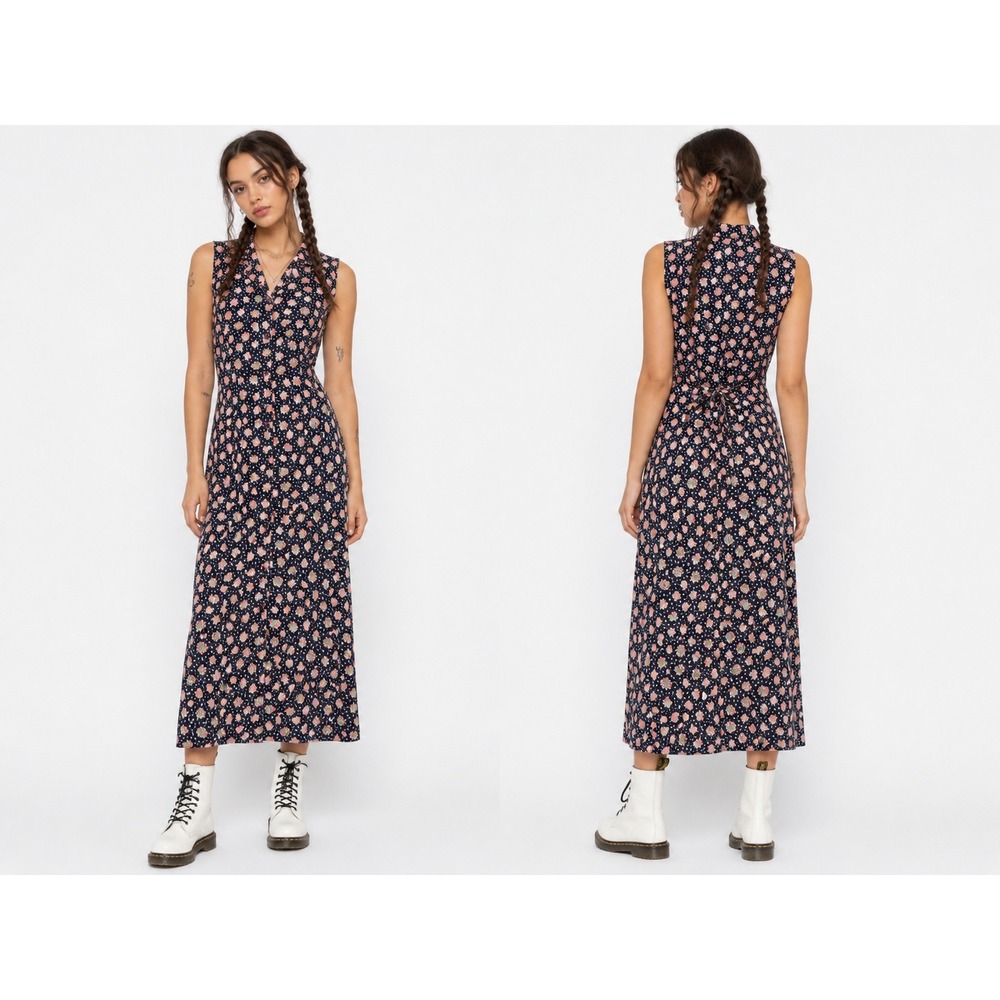 VTG Y2K Maxi Dress Womens 10 Navy Blue Floral Polka Dot Retro Cottage Boho Mod‎